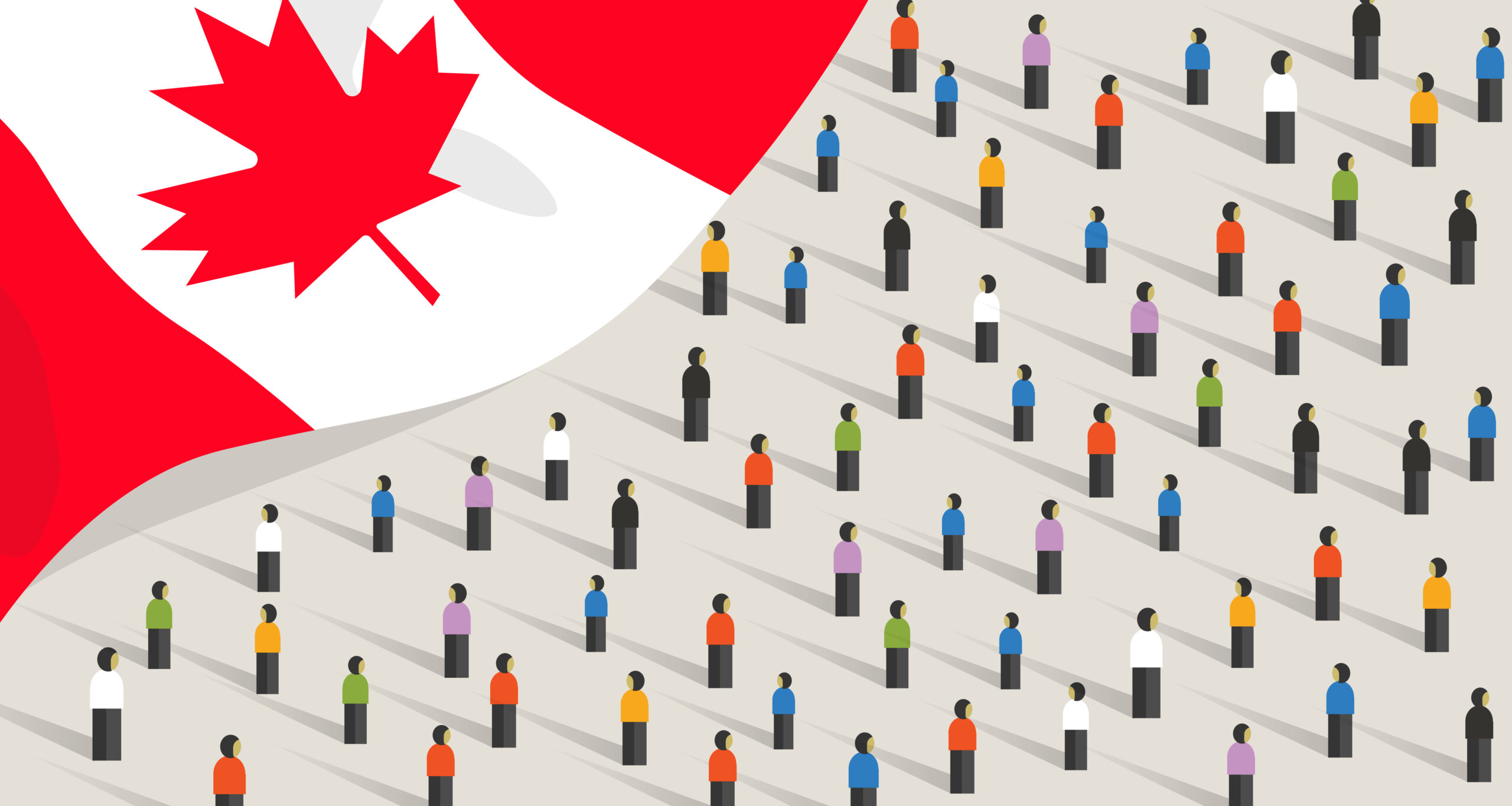 Illustration of diverse people figures standing apart on a light background, representing population or demographics, with a large Canadian flag featuring a red maple leaf in the top left corner.