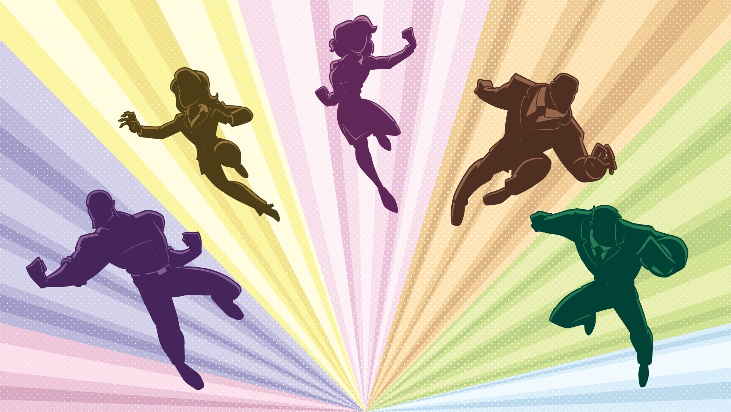 A group of superheroes fly off in a row of 5. They wear bright pastel colours, A symbol of human and technical skills integration.