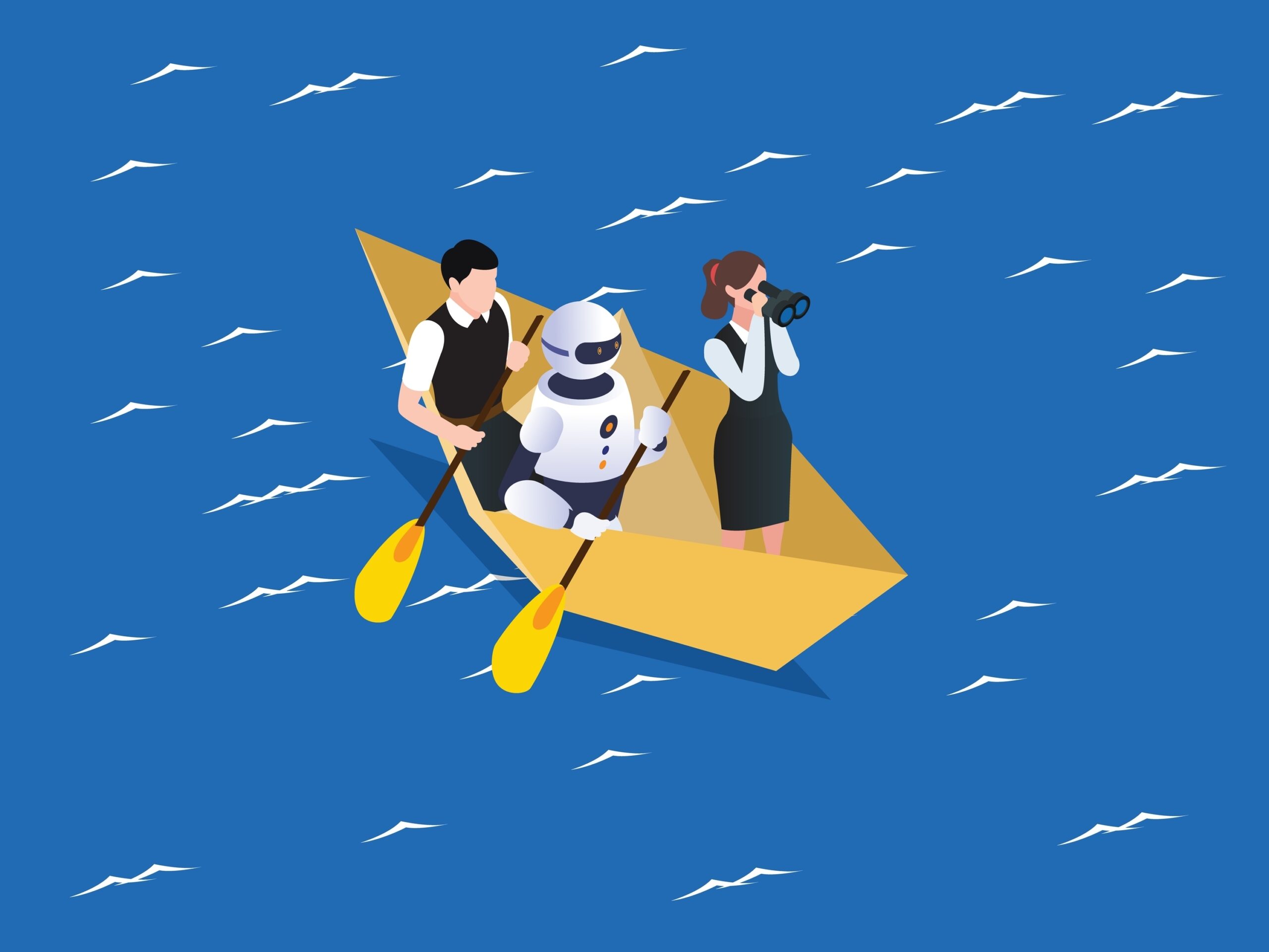 Two people paddle a boat while a robot sits in the middle seat. AI use in Canadian workplaces.