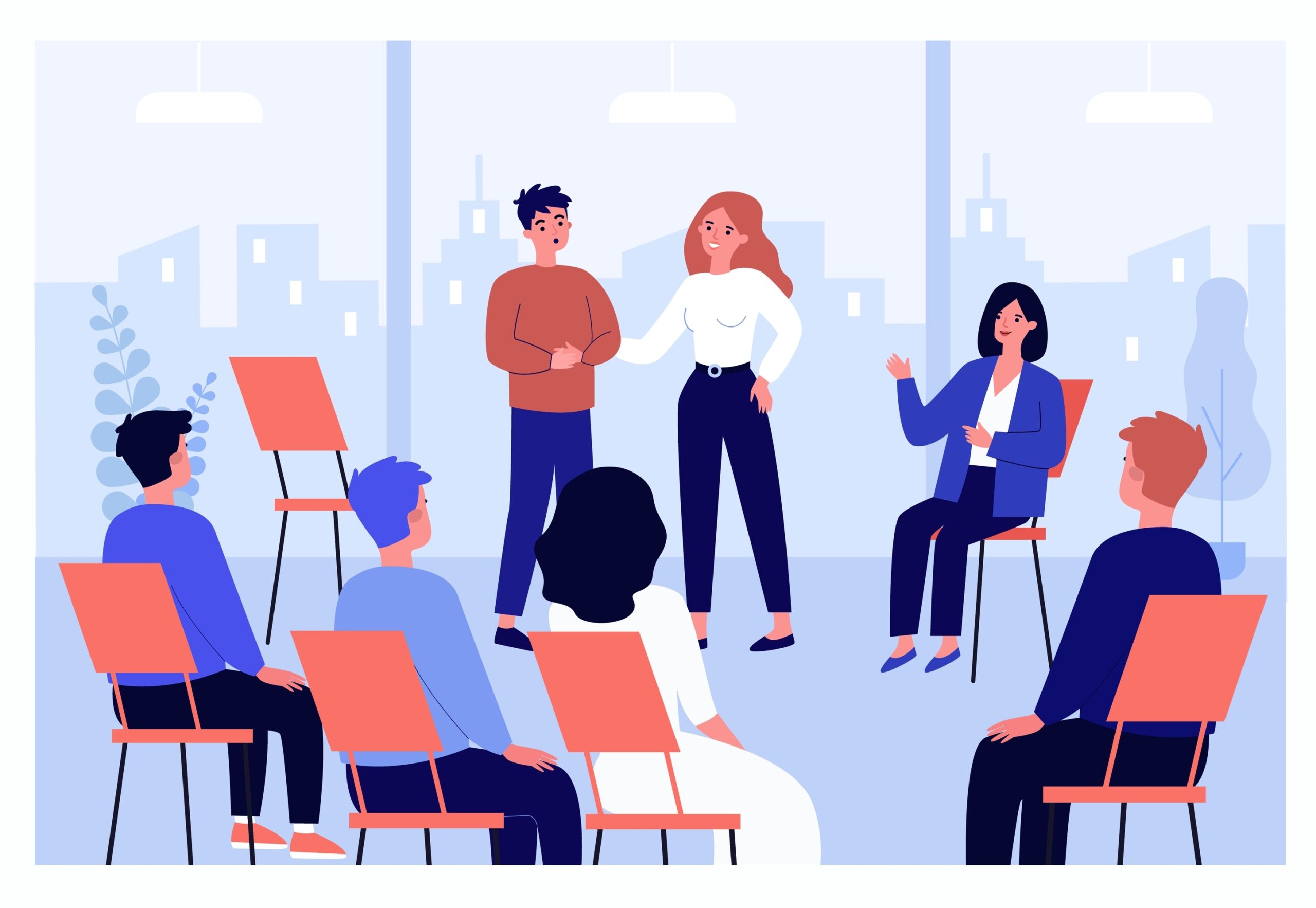 Some coworkers sit in a group, listening to a speaker. Workplace learning and mental health